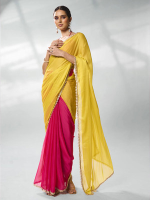 Divastri Self Design Bollywood Georgette Saree(Yellow, Pink)