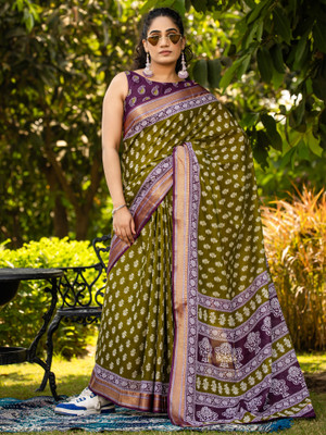 Anouk Rustic Printed Daily Wear Cotton Blend Saree(Light Green)