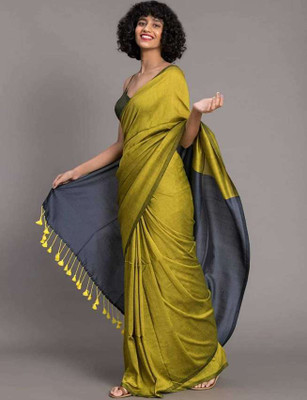 pal saree mahal Solid/Plain Handloom Pure Cotton Saree(Blue, Dark Green)