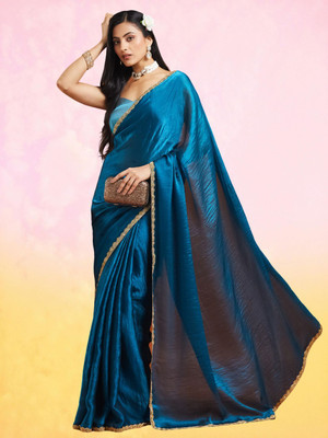 Croza Solid/Plain Chanderi Chiffon, Tussar Silk Saree(Blue)