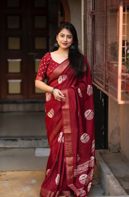 STAVA CREATION Printed Hand Batik Cotton Silk Saree(Maroon)