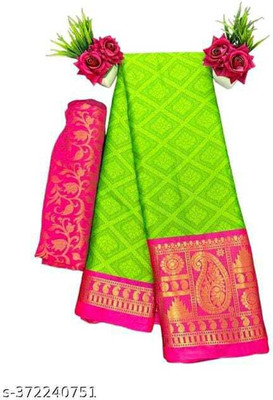 RUHKRUSH Woven Dharmavaram Cotton Silk, Jacquard Saree(Light Green, Pink)