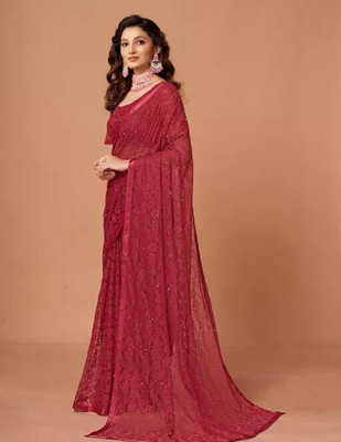 NEXA Solid/Plain Bollywood Net Saree(Maroon)