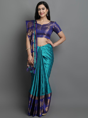 sanvi Woven, Checkered, Embellished, Self Design Dharmavaram Jacquard, Cotton Silk Saree(Light Blue)