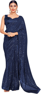 TIRA Color Block Gadwal Crepe Saree(Dark Blue)