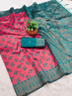 AVANTIKA FASHION Woven Kanjivaram Pure Silk, Art Silk Saree(Pink, Light Blue)