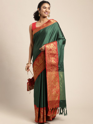 Endues Self Design, Woven, Solid/Plain Banarasi Silk Blend, Cotton Silk Saree(Dark Green)