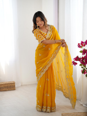 Sajavat Embroidered, Embellished, Woven Bollywood Jimmy choo Saree(Yellow)