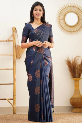 Shoponbit Self Design Banarasi Pure Silk Saree(Dark Blue)