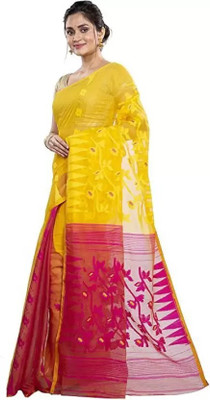 Pakilota soft dhakai Embroidered Jamdani Cotton Silk Saree(Yellow)