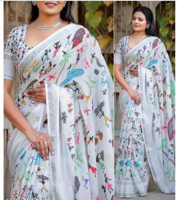 HouseOfCommon Color Block Bollywood Cotton Linen, Linen Saree(White)