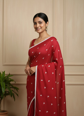 BongAp Embroidered Handloom Cotton Blend Saree(Red)