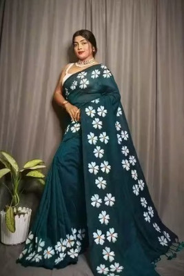 Shubharam Floral Print, Printed Bollywood Linen, Cotton Blend Saree(Dark Green)