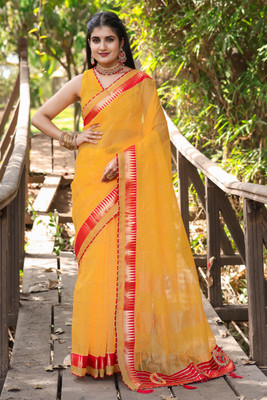 Kanooda Prints Woven Kota Doria Net Saree(Yellow)