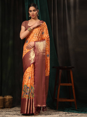 SILK ZONE Digital Print Banarasi Tussar Silk Saree(Orange)