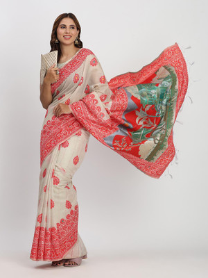 Kalamatwala Floral Print Banarasi Silk Blend Saree(Cream)