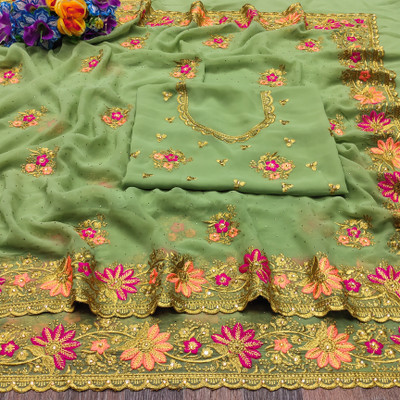 KHRITI FAB Embroidered, Floral Print Bollywood Georgette Saree(Light Green)
