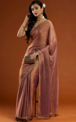Gajal Self Design Saree with Attached Blouse Chiffon Saree(Brown)