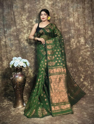 Pasum's Woven, Self Design Jamdani Cotton Silk Saree(Dark Green)