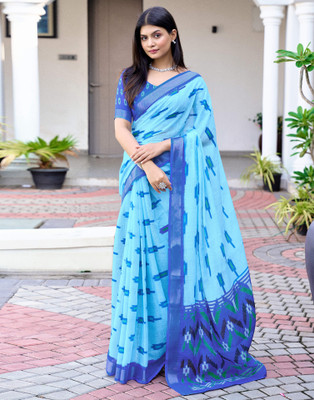 Samah Printed Daily Wear Linen Saree(Blue)
