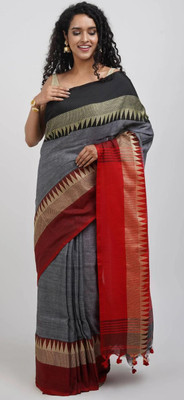 Sthaker Printed Tant Pure Cotton Saree(Grey, Red)
