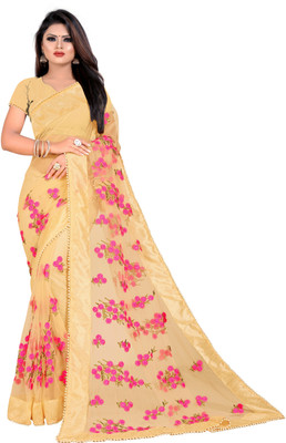 TEZMARK Floral Print Bollywood Net Saree(Cream)