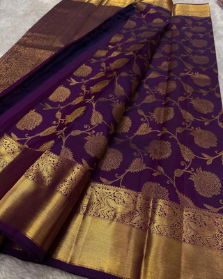 TriveniCreation Woven Banarasi Pure Silk Saree(Purple)
