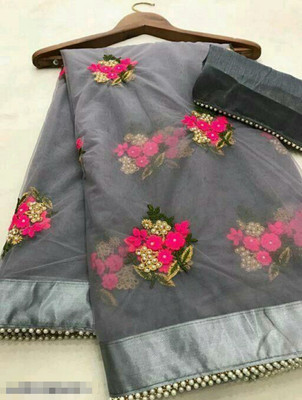 vallavi fashion Embroidered Bollywood Net Saree(Grey)