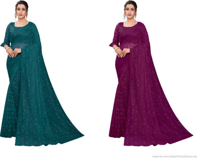 Nilkanthvarni Creation Self Design Bollywood Net Saree(Pack of 2, Dark Green, Purple)