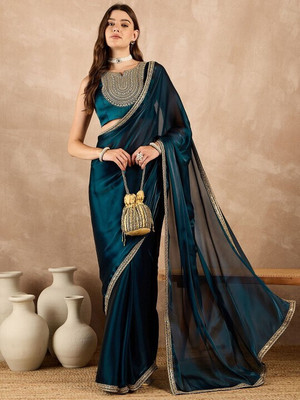 KMK STUDIO Solid/Plain, Embroidered Bollywood Muslin, Satin Saree(Dark Blue)