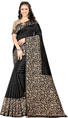 fFASHION Self Design, Woven, Embellished, Floral Print, Solid/Plain Banarasi Silk Blend, Jacquard Saree(Black)