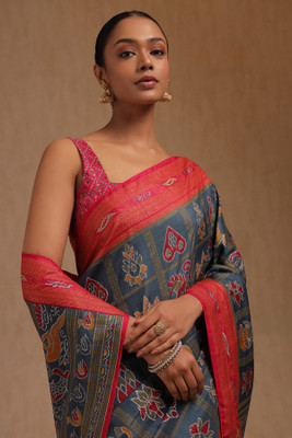 soch Printed Saree with Attached Blouse Silk Blend Saree(Blue)