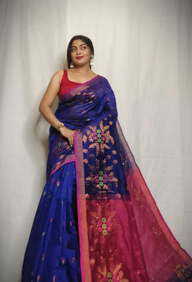 SMRITI HANDLOOM Woven Handloom Handloom Cotton Silk Saree(Dark Blue)