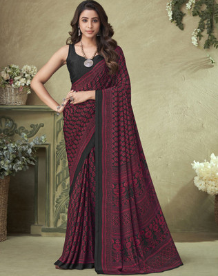 Tasrika Printed Assam Silk Crepe Saree(Pink, Black)