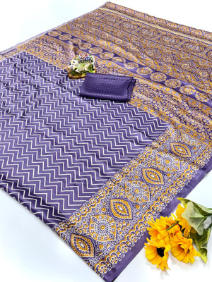 Vihan Fab Printed Kalamkari Jacquard Saree(Purple)