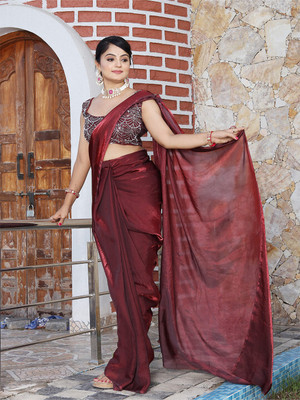 ANOUK Solid/Plain Saree with Attached Blouse Satin Saree(Maroon)