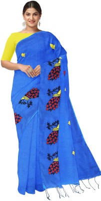 NihaRika Collections Embroidered Bollywood Cotton Blend Saree(Blue)