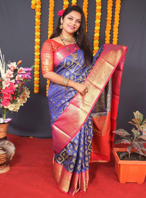 SGF11 Self Design Handloom Pure Silk Saree(Blue)