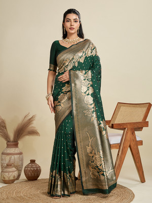 Tasrika Woven Banarasi Cotton Silk Saree(Green)
