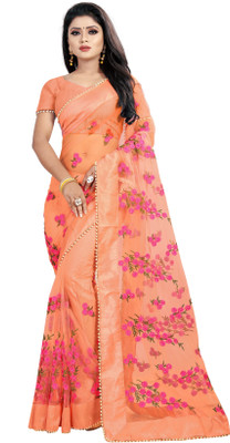 TEZMARK Floral Print Bollywood Net Saree(Orange)