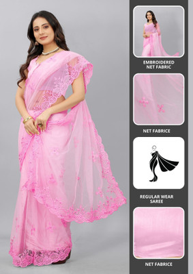 Barkiya Creation Embroidered Bollywood Net Saree(Pink)