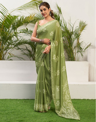 Satrani Floral Print Daily Wear Chiffon Saree(Light Green, White)