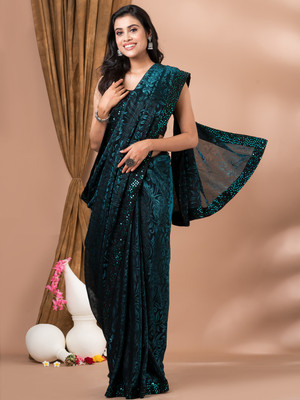 OM SAI TRADING Woven Bollywood Lycra Blend Saree(Blue)