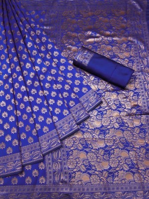 TRENDING KART Woven Banarasi Silk Blend Saree(Dark Blue)