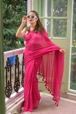 TWIRL Solid/Plain Handloom Cotton Blend Saree(Pink)