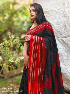 Abharani Saree Kuthir Self Design Bollywood Cotton Blend Saree(Black)