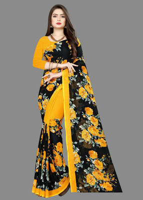 Option trendz Floral Print Daily Wear Georgette Saree(Yellow)