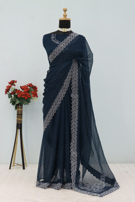 VarniRaaj Fashion Embellished Bollywood Organza Saree(Dark Blue)
