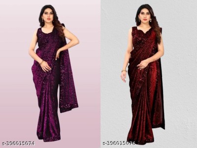 Amavii Embellished Bollywood Lycra Blend Saree(Pack of 2, Purple, Maroon)