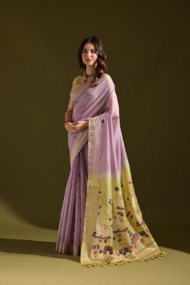 PeachPetals Printed, Floral Print Banarasi Cotton Blend Saree(Purple, Yellow)